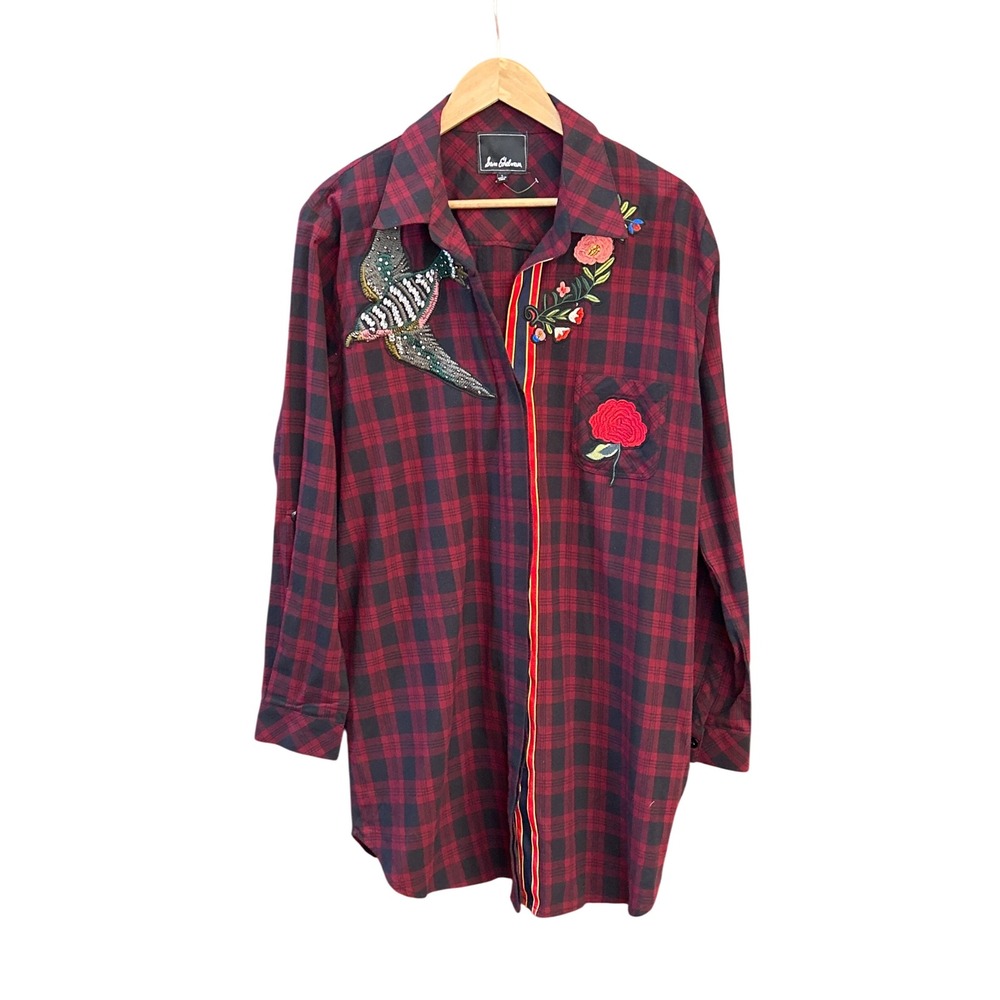 Sam Edelman Maximalist Plaid Shirt Embroidered Boho Eclectic Lace Back L Lg